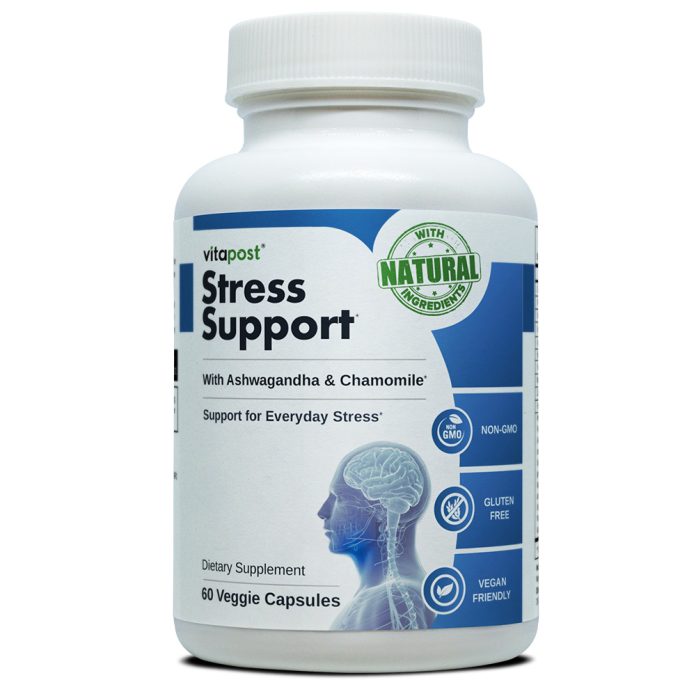Manage daily stress naturally with VitaPost Stress Support, featuring chamomile, lemon balm, and passionflower.