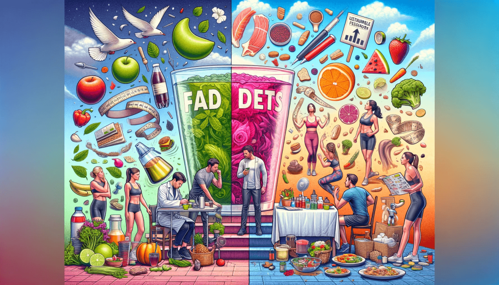 Visual Contrast Between Fad Diets and Sustainable Weight Loss.
