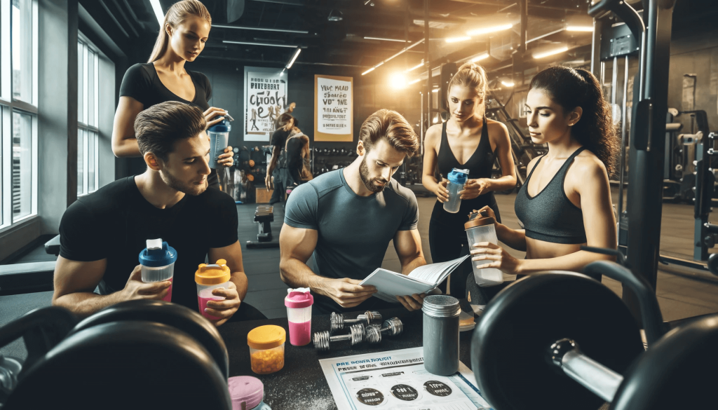 Gym-goers learning the basics of pre-workout supplements with fitness gear, shaker bottles, and motivational gym vibes.